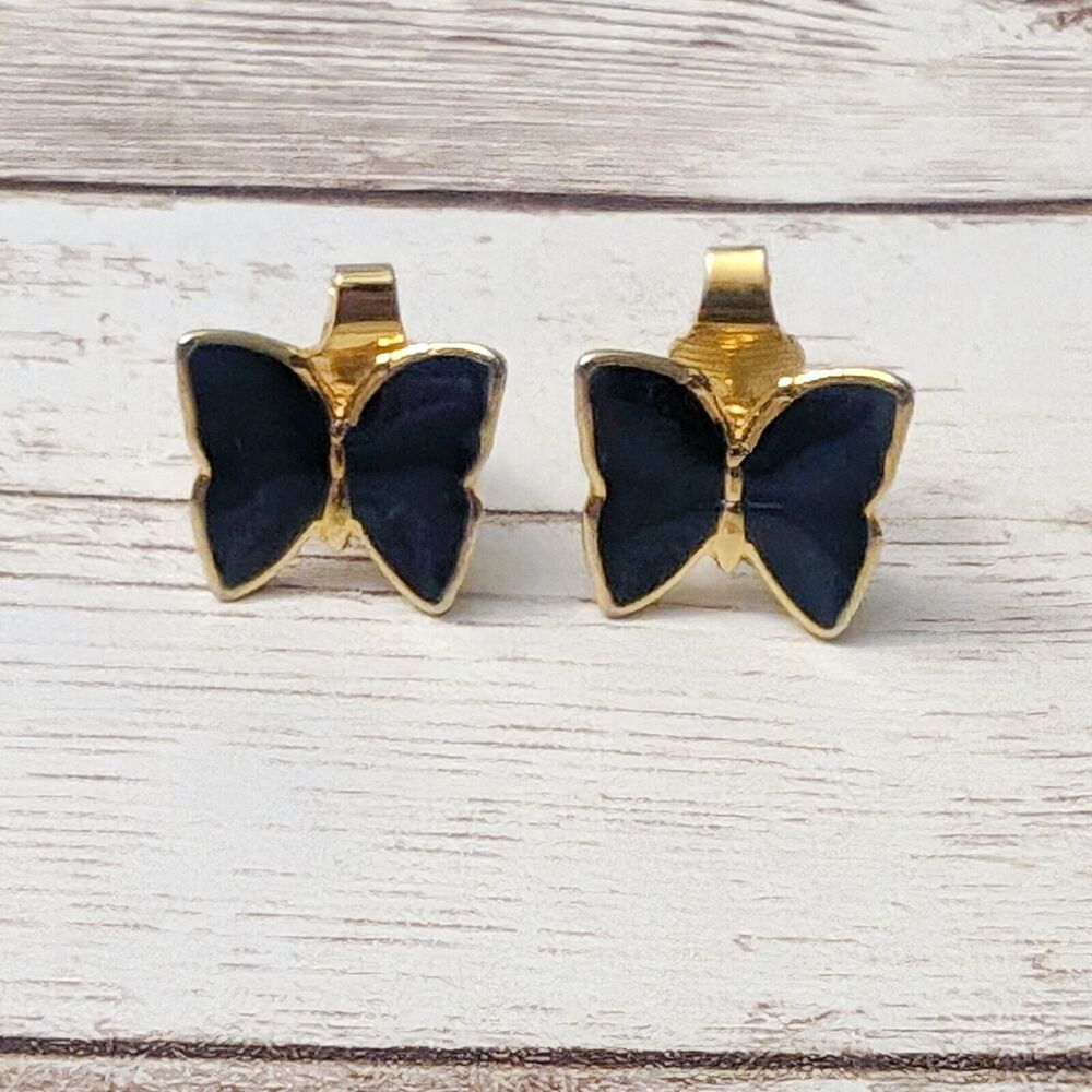 Vintage Clip On Earrings - Black & Gold Tone Butterfly - Clip Repair Needed